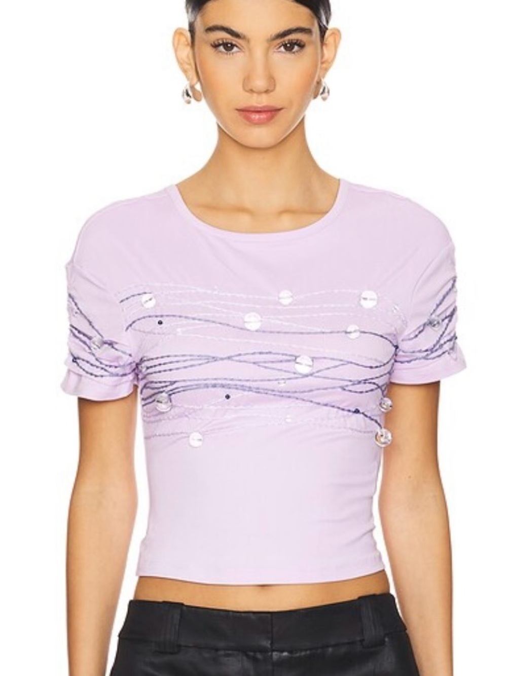 Lilac Sequin Embellished Short Sleeve Top